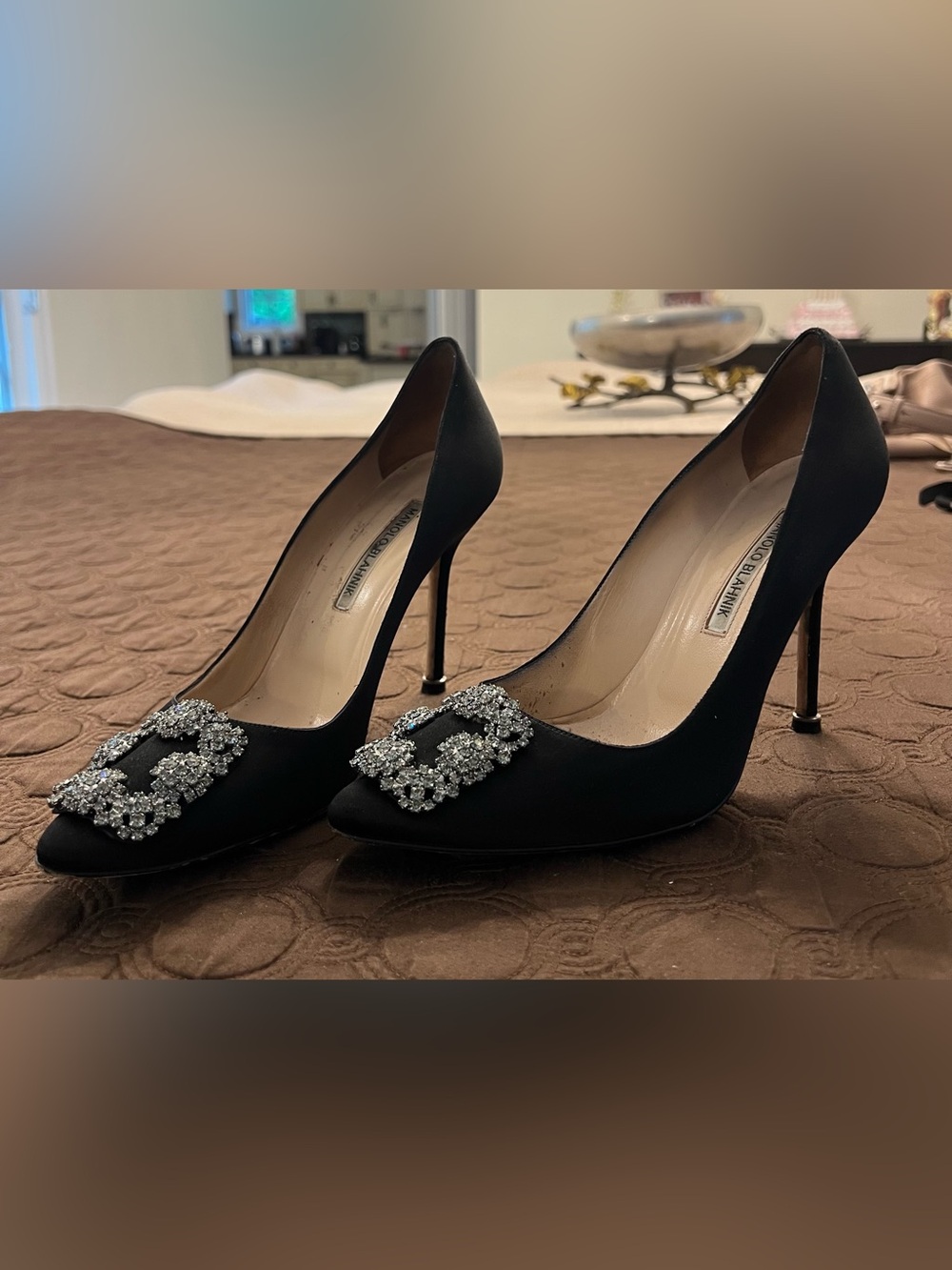 Manolo Blahnik Hangisi Black Satin Heels